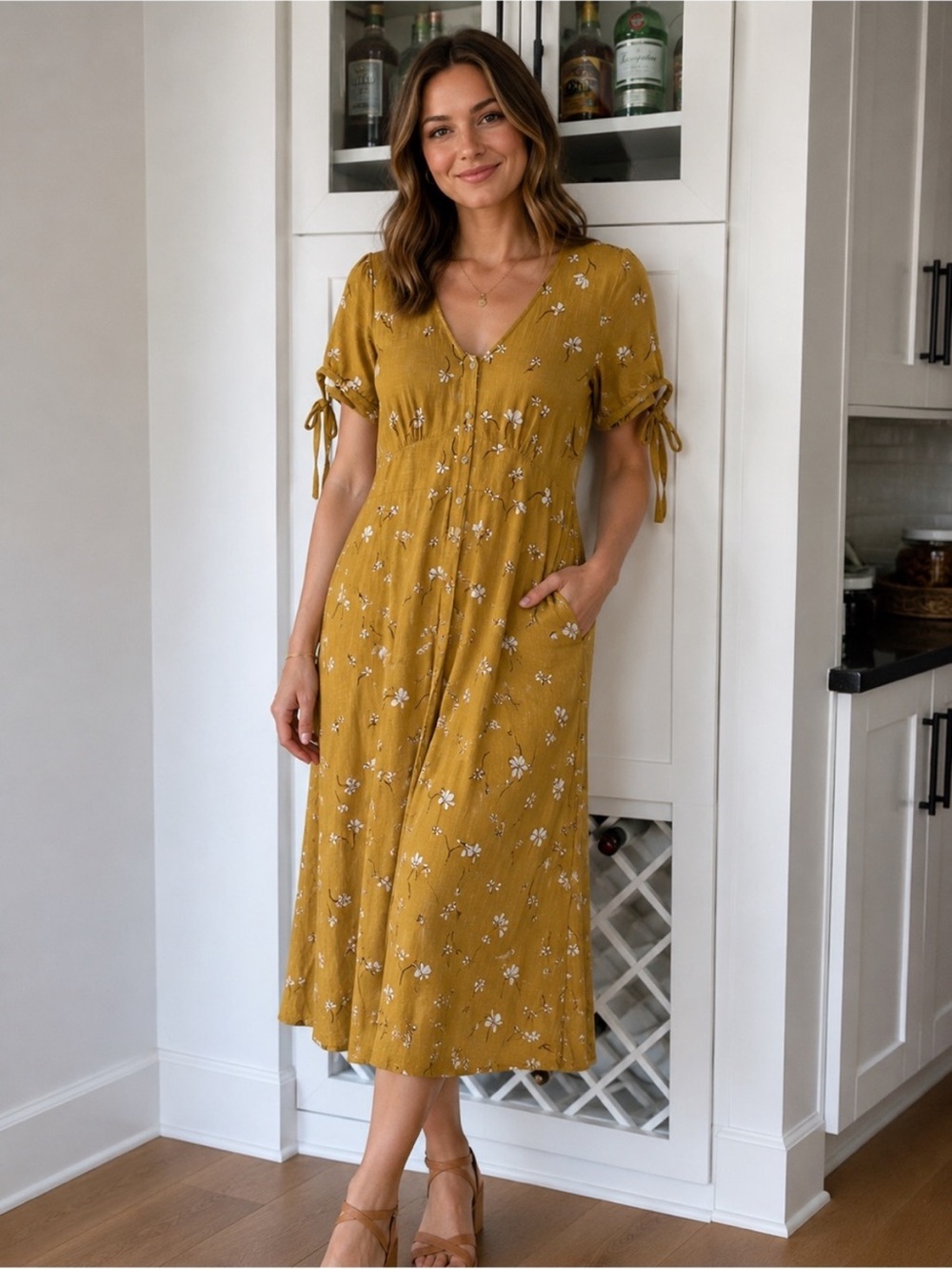 Universal Thread Large Mustard Floral Midi Dress with Tie Sleeves